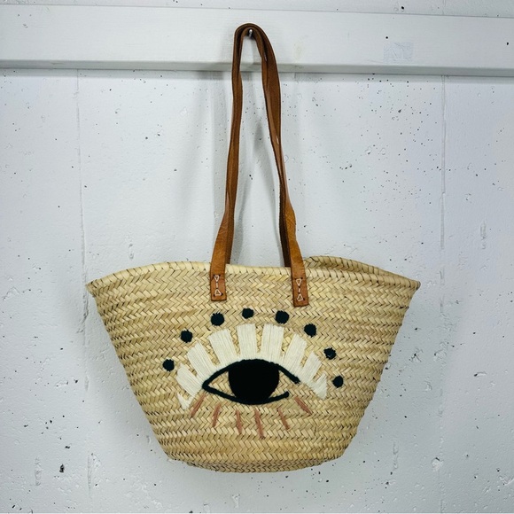 Unbranded Embroidered Evil Eye Woven Straw Tote Bag with Leather Straps - Picture 1 of 17
